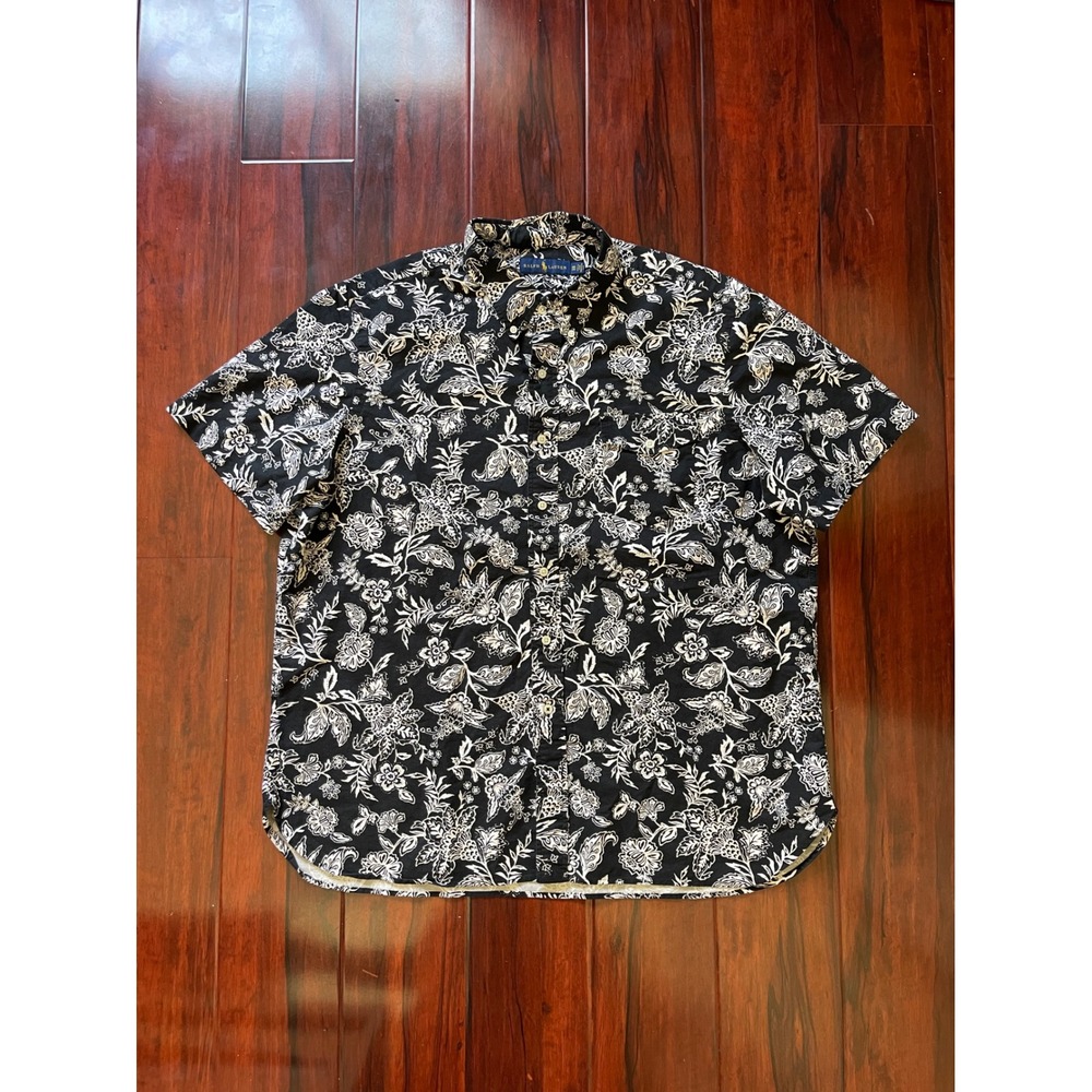 Ralph Lauren Floral Button Front Shirt Navy Blue Men's XXL Short Sleeve Cotton